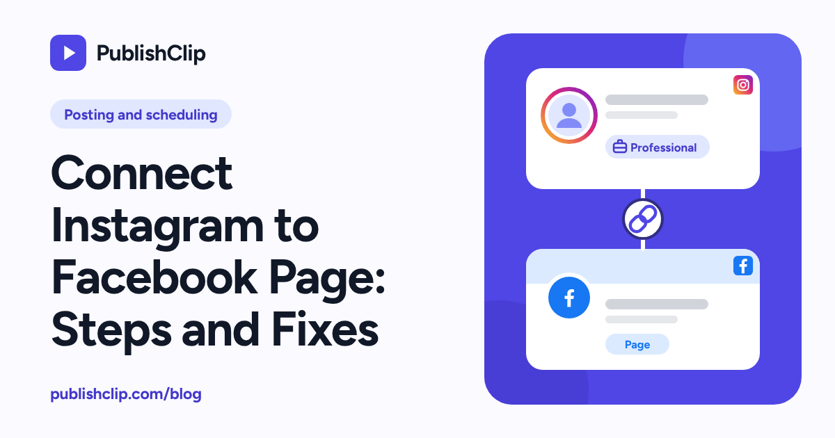 An Instagram profile and a Facebook Page joined by a link icon with a professional account badge